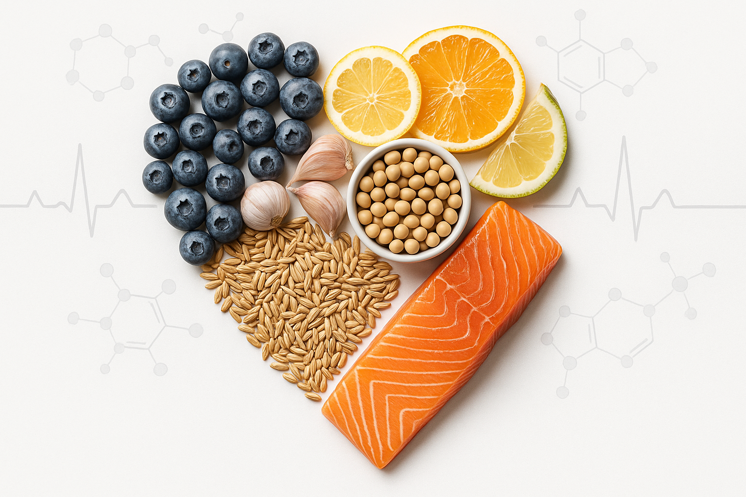 Flat lay of heart-healthy foods — blueberries, citrus slices, soybeans, garlic cloves, whole grains, and a salmon fillet — arranged in a heart shape on a white lab background with subtle molecular and heartbeat line overlays, photographed in clean, clinical lighting