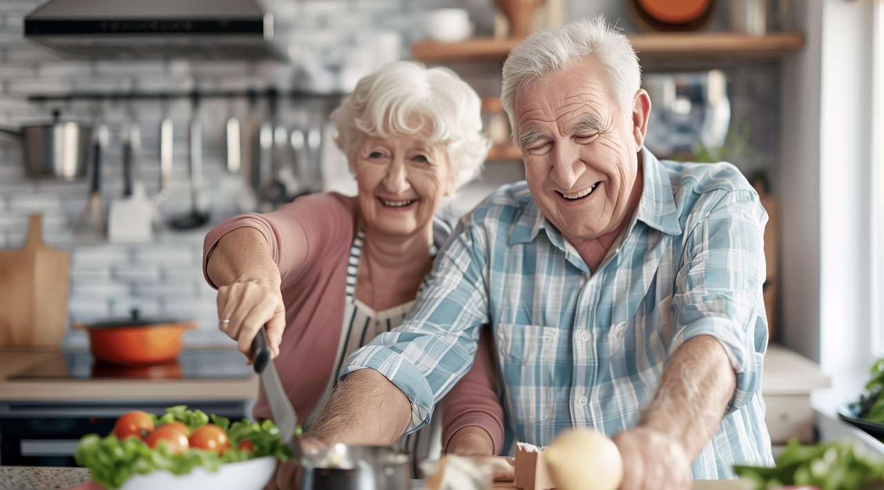 Elderly couple preparing a meal, multivitamins and memory.
